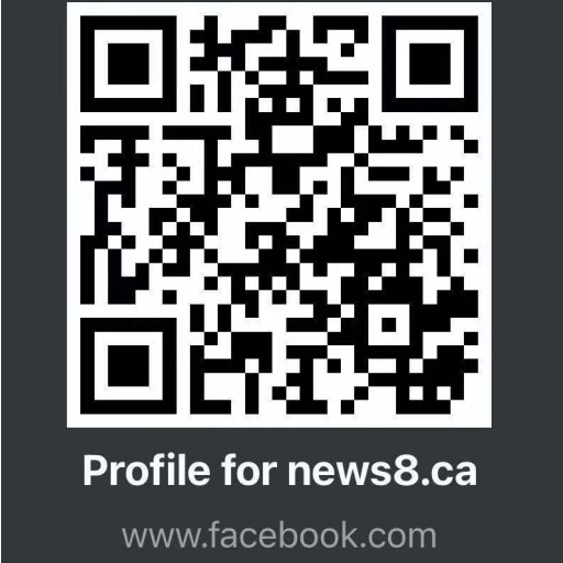 A QR code for the profile of news8.ca displayed against a dark background.