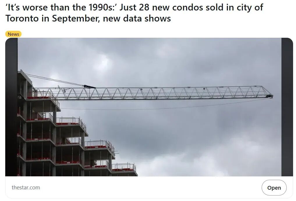 多伦多楼市成交量跌至30年最低 9月仅28套新公寓成交