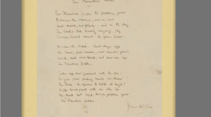 阵亡将士纪念日到来之际，麦吉尔大学收藏的《在弗兰德斯战场》手抄本获得了联合国教科文组织的认可